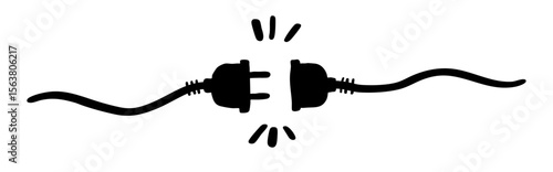 Hand drawn cable of energy disconnect. Drawing of electric plug icon and outlet socket unplugged. Doodle Electric socket with a plug. Concept of 404 error connection illustration. 