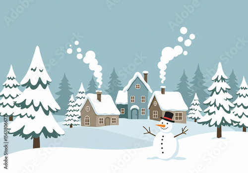 Cozy winter village scene with snowman and snowy pine trees illustration