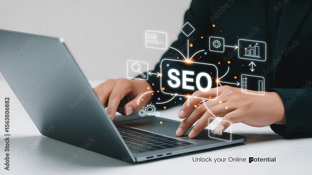 Person using laptop with seo diagram and icons search engine Person using laptop with seo diagram and icons search engine