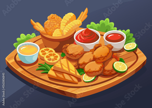 Delicious Fried Chicken and Side Dishes on Wooden Board