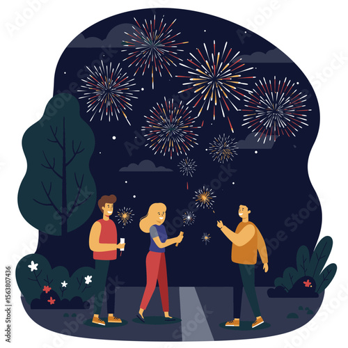 Three people stand under fireworks lighting sparklers at night