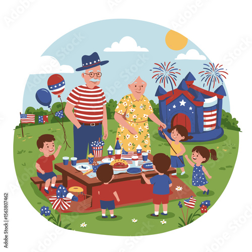 Patriotic picnic scene grandparents children bounce house food  American flags in a park setting