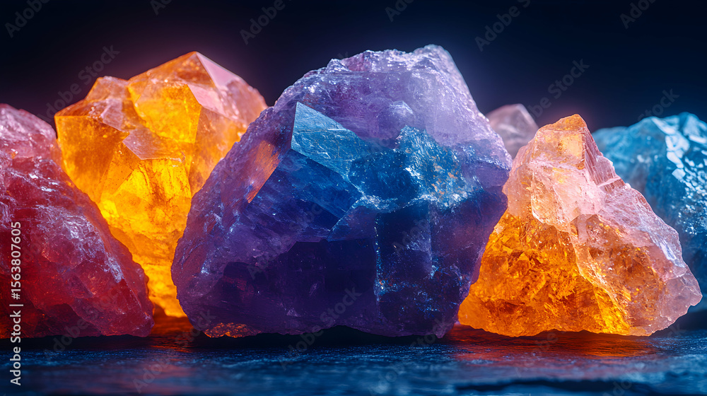 Obraz premium Vibrant close-up of multicolored crystals, showcasing their intricate textures and illuminated facets. A stunning display of nature's artistry.