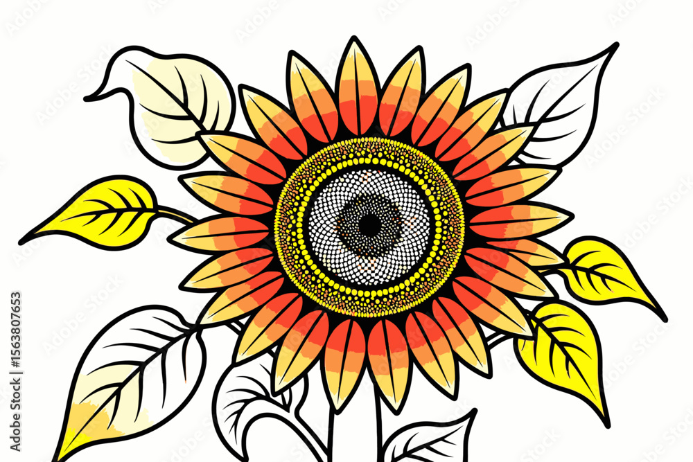 Fototapeta premium Vibrant Sunflower Graphic- Detailed Floral Illustration- Bold Colors and Intricate Design- Perfect for Nature Art or Botanical Themes- Stunning Blossom Artwork