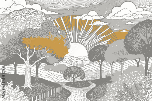 Whimsical Landscape Drawing-Orange Sunset Over Trees-Black & White Illustration with a Touch of Color-Nature Art-Serene Scene with Winding River & Clouds-Artistic Design
