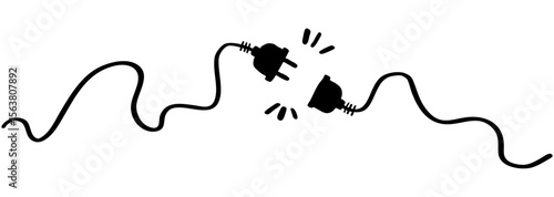 Drawing of electric plug icon and outlet socket unplugged. Doodle Electric socket with a plug. Concept of 404 error connection illustration. Hand drawn cable of energy disconnect