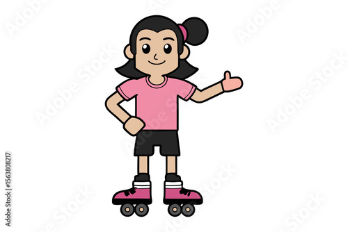 Cartoon girl with black hair in a ponytail wearing a pink shirt and black shorts on roller skates