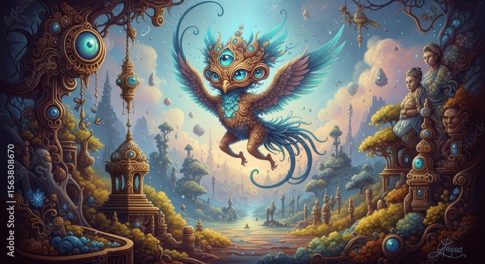 Fototapeta premium Enchanting Celestial Creature Soars Through a Mystical Alien Landscape Under a Dreamy Sky