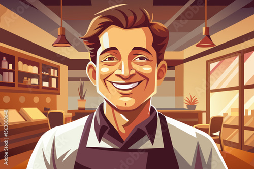 Smiling Male Shopkeeper in a Cozy Coffee Shop