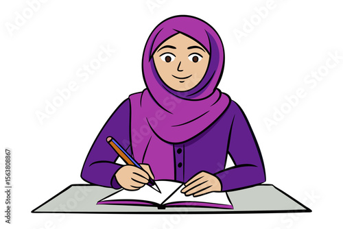A smiling muslim girl wearing a purple hijab and dress is diligently writing in an open notebook with a pencil
