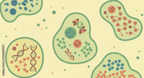 Colorful flat cells with dna and molecules on neutral background
