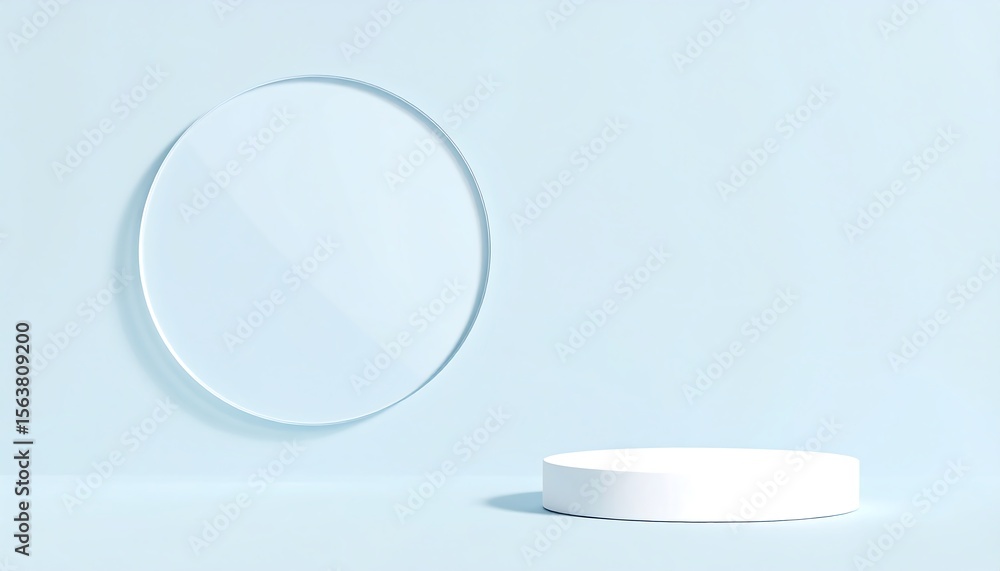 Fototapeta premium Minimalist podium and circle on light blue.