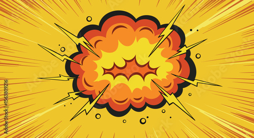 Energetic comic book style explosion with lightning bolts and vibrant colors