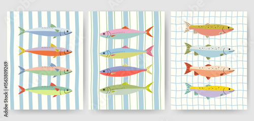 Hand drawn sardine and fish illustrations on nautical striped backgrounds. Colorful seafood poster design. Cute coastal fish decor. Summer kitchen art and seafood restaurant wall print.