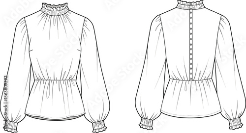 Long-sleeved blouse fashion sketch front and back view, high ruffled neckline, gathered waist, elastic ruffle cuffs, back buttons, garment illustration layout
