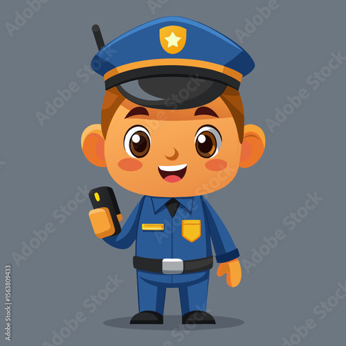 Cute Cartoon Police Officer Child Holding a Walkie Talkie