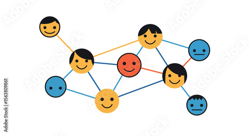Social network of emotion faces in flat style with connected smiling and neutral figures