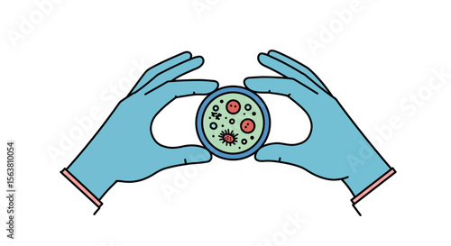 Laboratory gloved hands examining petri dish with bacteria