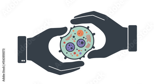 Hands holding biological cell diagram: simple science conceptual design