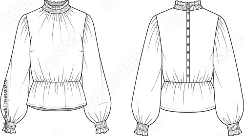 Long-sleeved blouse technical sketch front and back views, high ruffle neckline, elastic cuffs, gathered waist, center back buttons, garment illustration template
