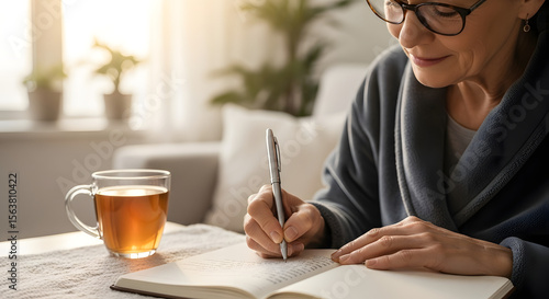 Elderly woman thoughtfully writing in a journal, enjoying a cup of tea at home.