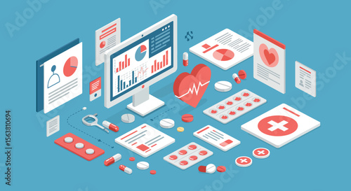 Isometric healthcare technology concept with charts and medical supplies