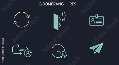 Boomerang hiring symbols: modern line art icons for recruitment concepts