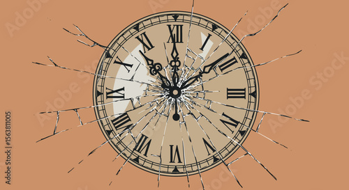 Vintage clock with broken glass on orange background