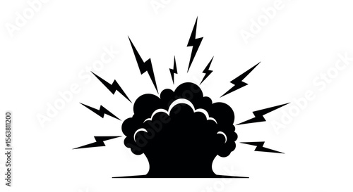 Silhouette explosion with lightning bolts on white background