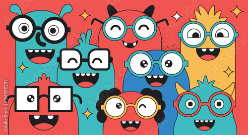 A Vibrant Group of Diverse Cute Cartoon Monsters Wearing Different Styles of Glasses Cheerful Expressions and Sparkly Accents in a Bright Red Background