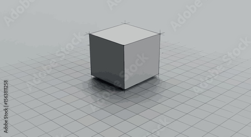 Minimalist 3d cube on grid background with subtle shading and shadows