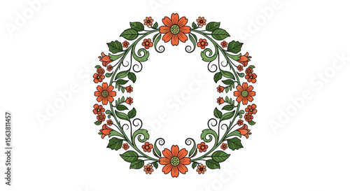 Delicate floral wreath illustration with intricate green leaves and vibrant orange blossoms forming a circular decorative border