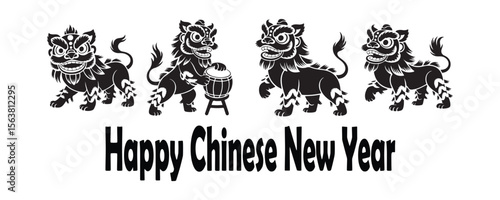Chinese New Year Lion Dance Vector Illustration with Text on White Background