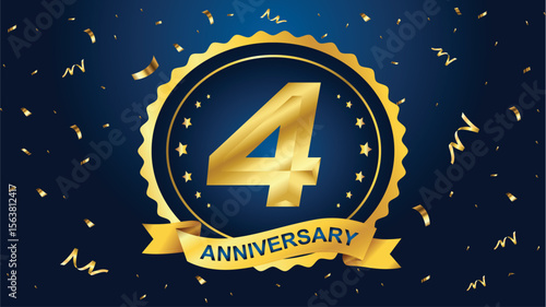 Golden "4" anniversary badge with ribbon and falling confetti on a dark blue background, perfect for celebrating third milestones and achievements.
