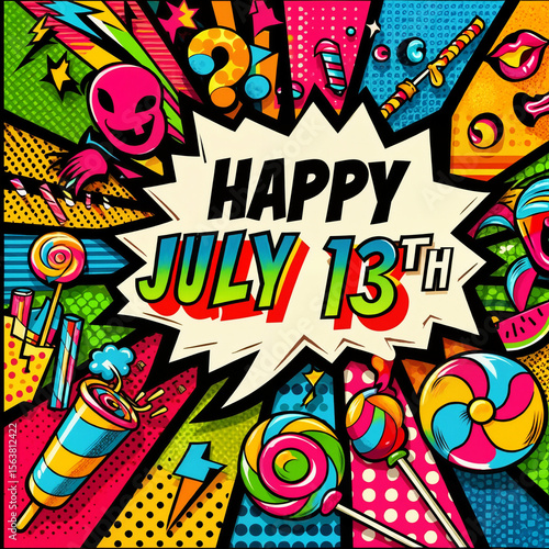 Bold and playful design celebrating July 13th with colorful sweets and comic elements
