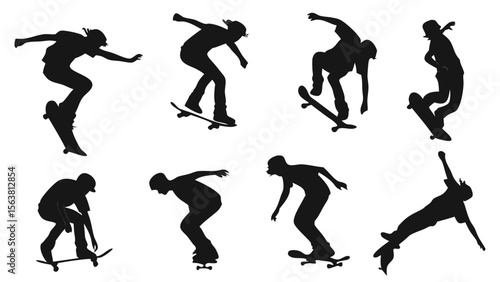 Silhouette Collection of Skateboarders Performing Jump Tricks in Natural Poses, Isolated on White Background for Sports and Urban Style Design