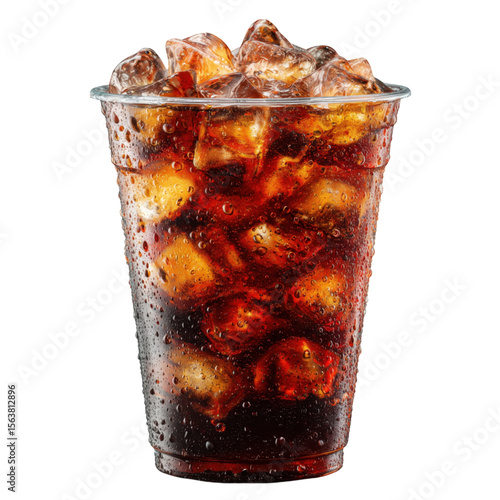 Refreshing cold soda drink with ice cubes in a clear plastic cup isolated on white background