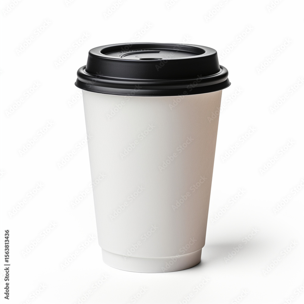 A white paper coffee cup with a black plastic lid on a white background in a studio setting isolated A white paper coffee cup with a black plastic lid on a white background in a studio setting isolated