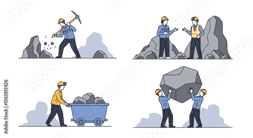 Illustrations depicting the entire mining process from rock extraction to transport and heavy lifting of materials