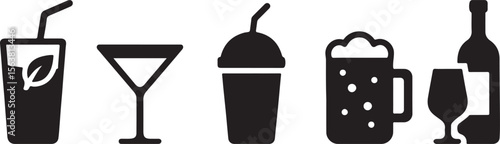 Flat style monochrome icons of beverages like juice, cocktail, smoothie, beer mug, and wine bottle.
