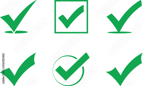 Collection of green checkmarks illustrating confirmation validation approval success selection and choices