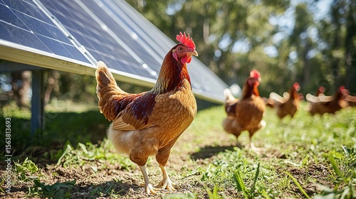Chickens roaming near solar panels in a sunny outdoor setting with green grass and trees in the background.