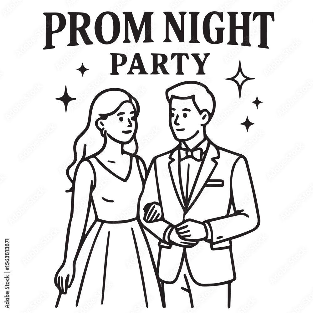 Vector illustration in black and white with bold outline, featuring a man and woman at prom night, expressing glamour, excitement, and teenage dreams.
Vector illustration in black and white with bold outline, featuring a man and woman at prom night, expressing glamour, excitement, and teenage dreams.
