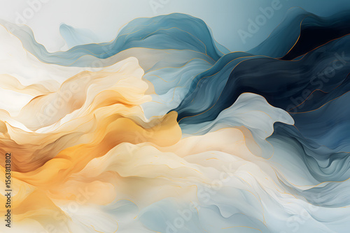 Smooth, flowing waves of blue and orange blend seamlessly in an abstract design.
