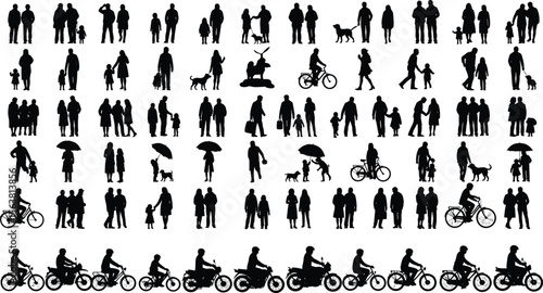 Silhouettes of people and animals in motion and interaction, various outdoor activities, black figures on white background, reflecting lifestyle, diversity, behavior, and companionship
