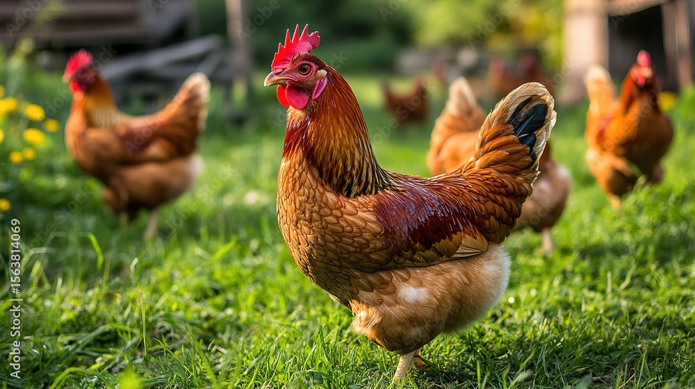Fototapeta premium Free-range chickens with vibrant feathers roam and forage on a green grassy field under daylight.