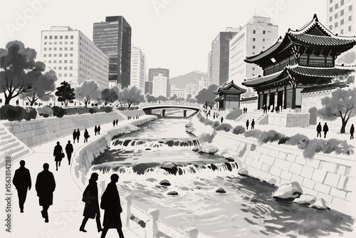 Brushstroke-style illustration of Seoul’s Cheonggyecheon stream, blending tradition and modernity
