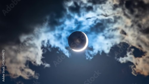 Partial solar eclipse partially covered by clouds