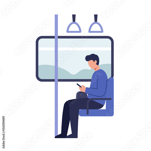 Subway Commute: Man absorbed in his cellphone during a tranquil subway ride, a snapshot of modern urban transport and digital connectivity.