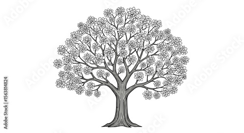 An intricately detailed illustration of a majestic deciduous tree showcasing its expansive canopy and sturdy trunk against a clean white background